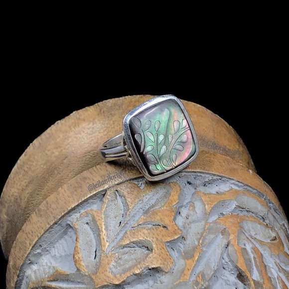 Silpada Retired Sterling Silver Etched Black Lip Shell Fern Leaf Ring - Picture 3 of 11